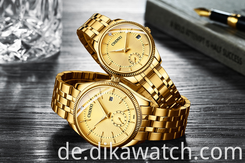 Hot 069 CHENXI All Gold Paar Uhr Mode Einfache und schöne Kalender Quarzuhr